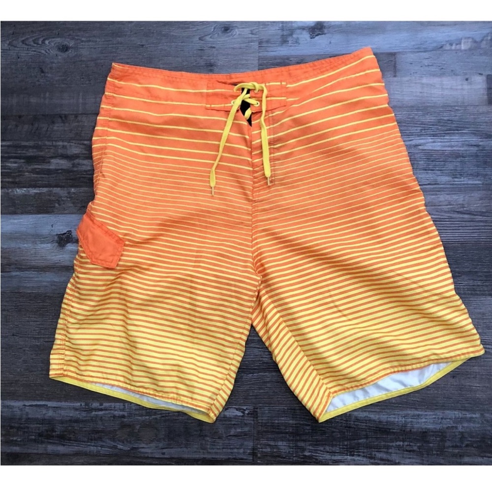 Burnside Mens Large Orange & Yellow Stripe Swim Board Shorts Swim Size 38